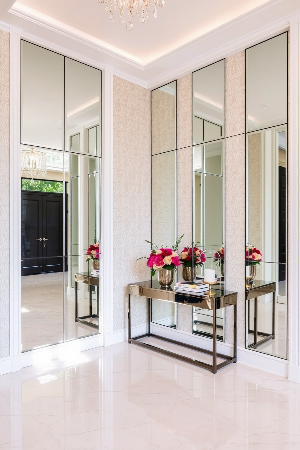 A stunning foyer featuring mirrored panels that reflect natural light, creating an airy and inviting atmosphere. The walls are adorned with elegant wallpaper, complementing the modern aesthetic of the space. The flooring consists of polished marble tiles, adding a touch of luxury to the entrance. A stylish console table is placed against the wall, topped with decorative accents and a vibrant floral arrangement.