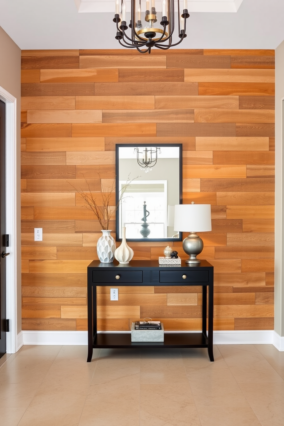 A modern foyer featuring a statement wall adorned with textured panels in a soft gray hue. The space is illuminated by elegant pendant lights, creating a warm and inviting atmosphere. Floating shelves are creatively arranged along the wall, showcasing a curated selection of decorative items and plants. The shelves are made of natural wood, adding an organic touch to the contemporary design.