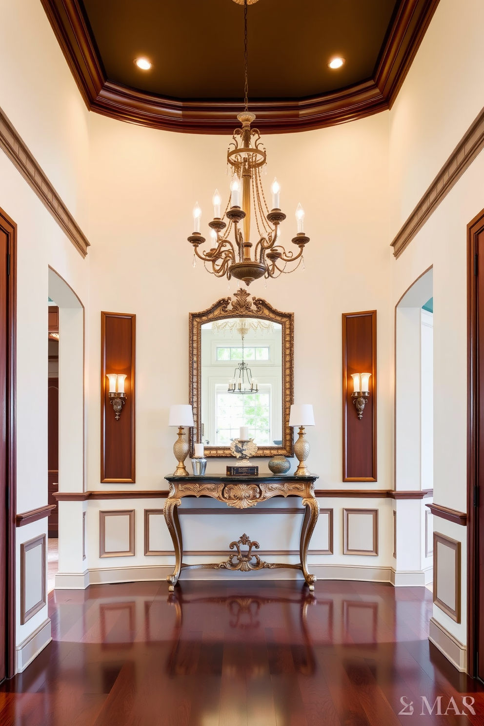 Create an inviting foyer with an accent wall featuring bold geometric patterns in contrasting colors. The flooring is a rich hardwood that complements the vibrant wall design, while a sleek console table sits against the wall adorned with decorative objects.