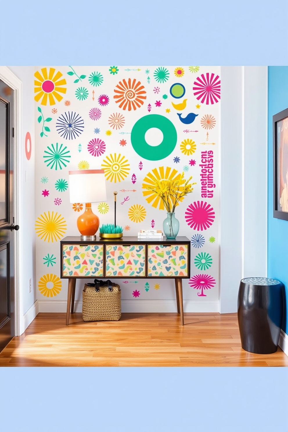 Create a vibrant foyer featuring a wall adorned with colorful vinyl decals that showcase playful patterns and whimsical designs. The space should feel inviting and fun, with a bright color palette that energizes the entryway. Incorporate elements like a stylish console table and decorative accessories that complement the playful decals. The flooring should be a warm wood tone to balance the lively wall design and create a cohesive look.