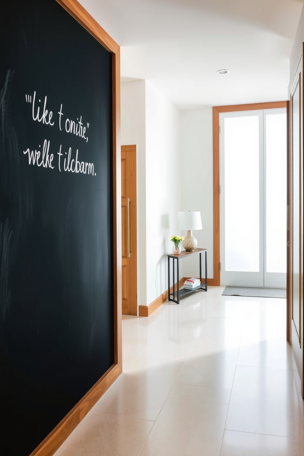 A stylish foyer featuring a chalkboard wall that invites creativity and interaction. The wall is framed with sleek wood trim, creating a modern contrast to the vibrant chalkboard surface. The floor is adorned with large, polished tiles in a neutral tone, enhancing the spacious feel of the entrance. A minimalist console table with a decorative lamp and fresh flowers sits against the wall, providing a warm welcome.