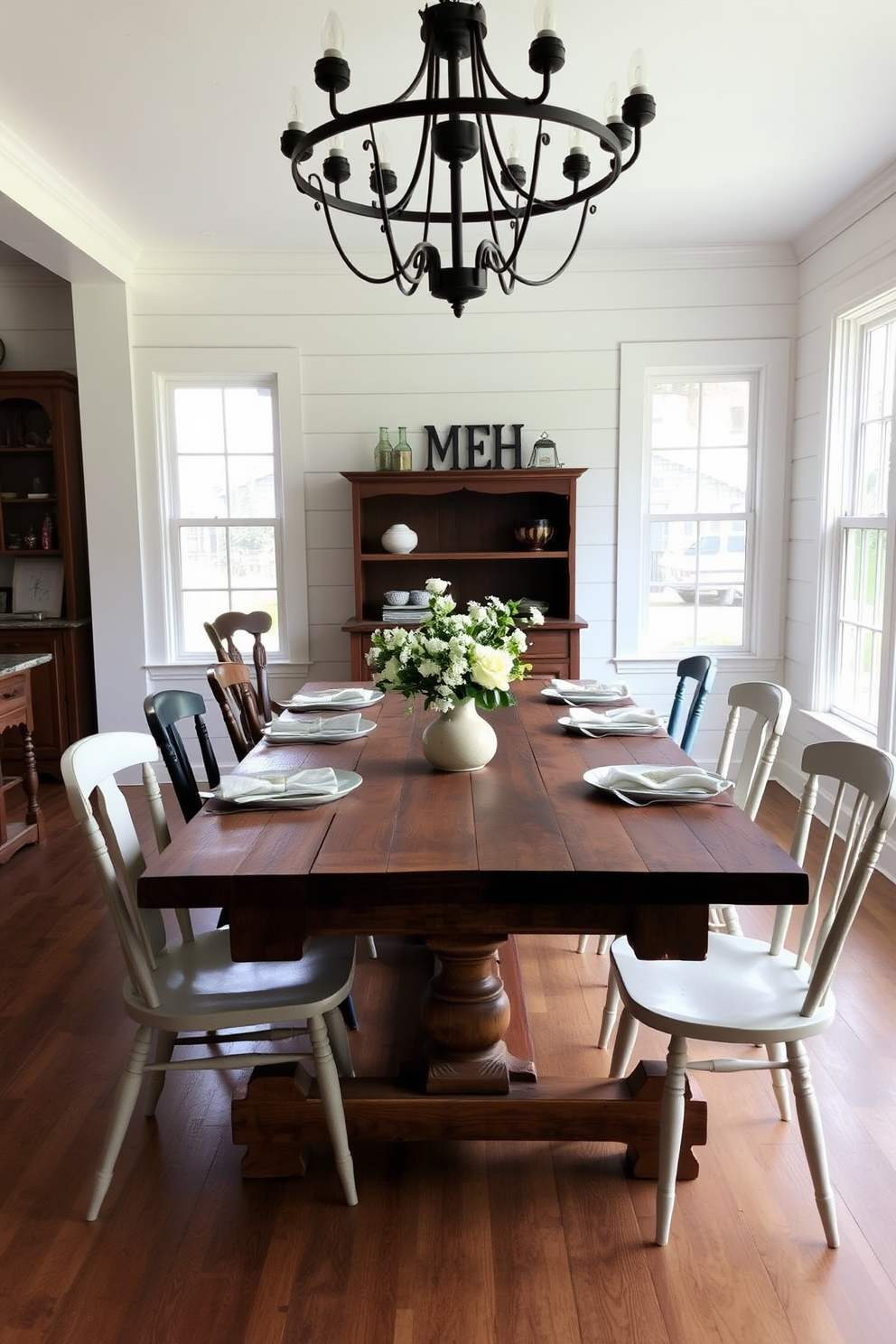 A rustic wooden dining table is adorned with a centerpiece of fresh flowers in a vintage ceramic vase. Surrounding the table are elegant upholstered chairs in soft neutral tones, enhancing the warm ambiance of the French dining room.