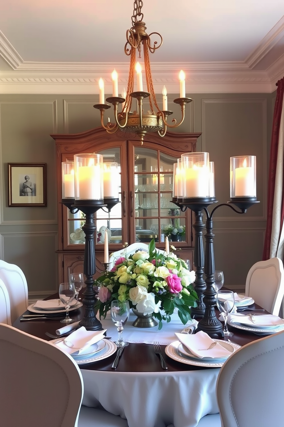 A charming French dining room featuring elegant candle holders that provide soft ambient lighting. The table is set with fine china, and a beautiful floral centerpiece adds a touch of color.