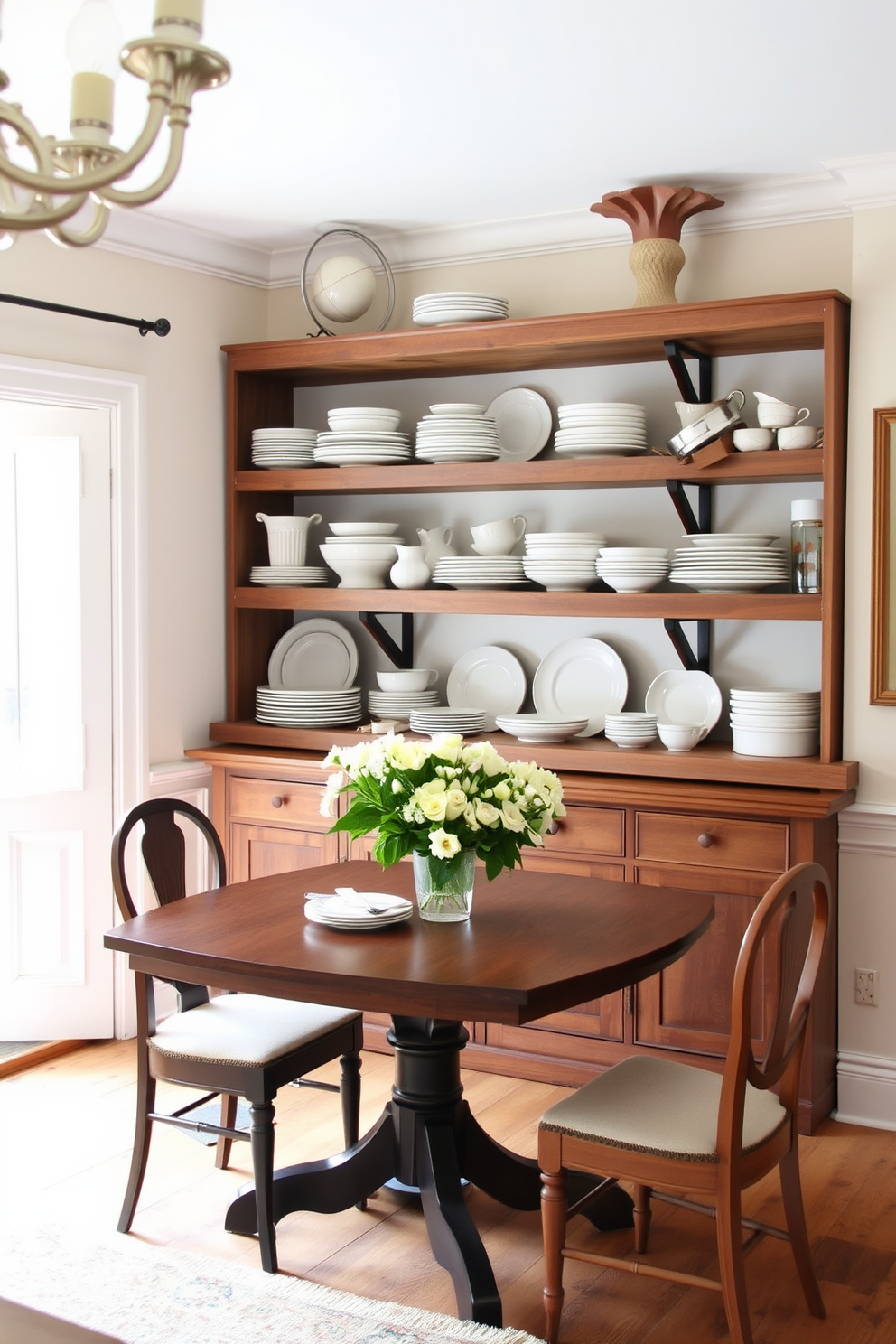 A charming French dining room featuring open shelving elegantly displaying a curated selection of dishware. The shelves are made of reclaimed wood, and the walls are painted in a soft pastel hue, creating a warm and inviting atmosphere.