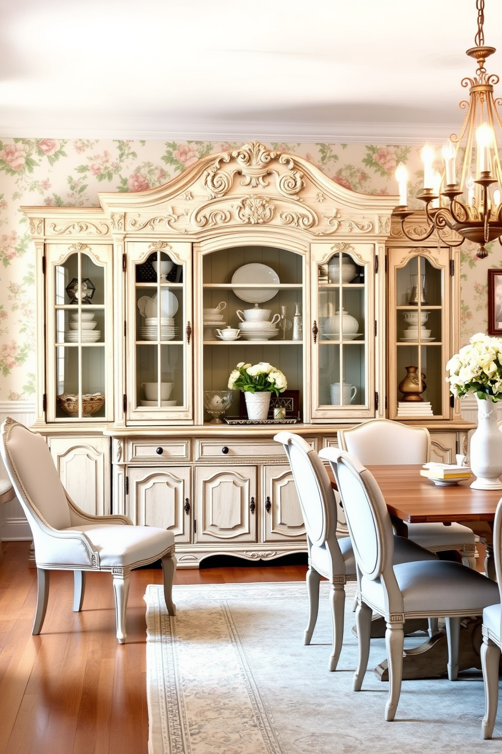 A charming French dining room featuring open shelving elegantly displaying a curated selection of fine dishes and glassware. The walls are adorned with soft pastel colors, and a rustic wooden dining table is centered beneath a beautiful chandelier.