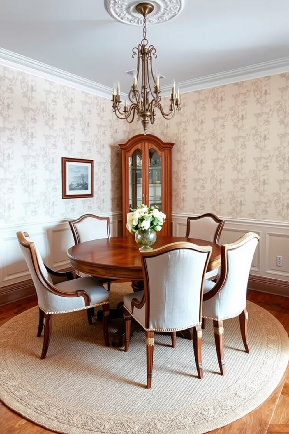 A textured area rug lies gracefully beneath a round wooden dining table, enhancing the warmth of the space. Surrounding the table, elegant upholstered chairs in soft pastel hues invite guests to gather for meals and conversation. The walls are adorned with classic French wallpaper featuring delicate floral patterns, adding a touch of sophistication. A vintage chandelier hangs from the ceiling, casting a warm glow over the dining area, creating an inviting atmosphere.