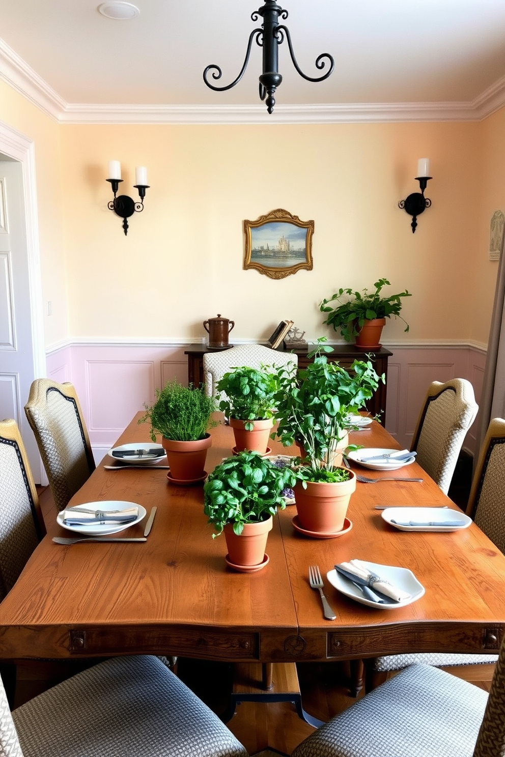 A bright and airy dining room features elegant French doors that open to a lush garden, allowing natural light to flood the space. The room is adorned with a classic wooden dining table surrounded by upholstered chairs, creating a warm and inviting atmosphere. The walls are painted in a soft pastel hue, complemented by intricate crown molding that adds a touch of sophistication. A stunning chandelier hangs above the table, casting a warm glow over the setting and enhancing the overall elegance of the French dining room.