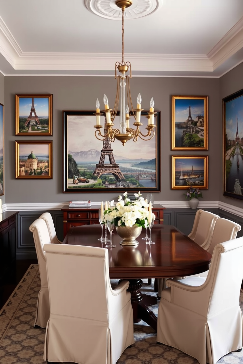 A stunning dining room adorned with wall art featuring picturesque French landscapes. The room boasts an elegant wooden dining table surrounded by upholstered chairs in soft pastel tones. The walls are decorated with large framed prints of iconic French scenery, enhancing the room's charm. A vintage chandelier hangs gracefully above the table, casting a warm glow over the space.