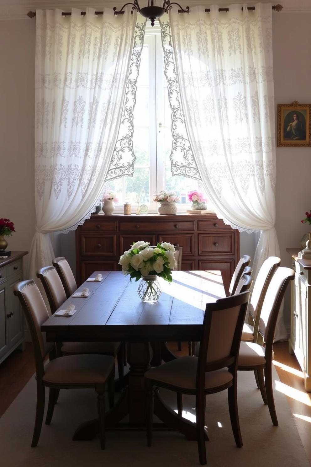 A charming French dining room featuring elegant lace curtains that gently filter the sunlight. The room is adorned with a rustic wooden dining table surrounded by upholstered chairs, creating a warm and inviting atmosphere.