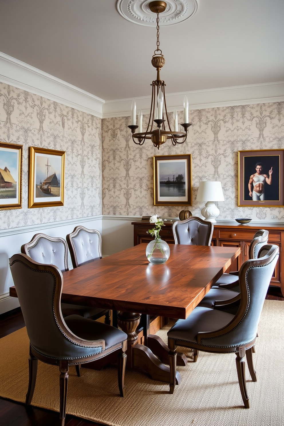 A charming French dining room that blends antique and modern elements. The centerpiece is a rustic wooden dining table surrounded by elegant upholstered chairs with a contemporary design. On the walls, vintage wallpaper with intricate patterns complements modern art pieces hung in sleek frames. A chandelier with a mix of traditional and modern styles hangs gracefully above the table, casting a warm glow over the space.