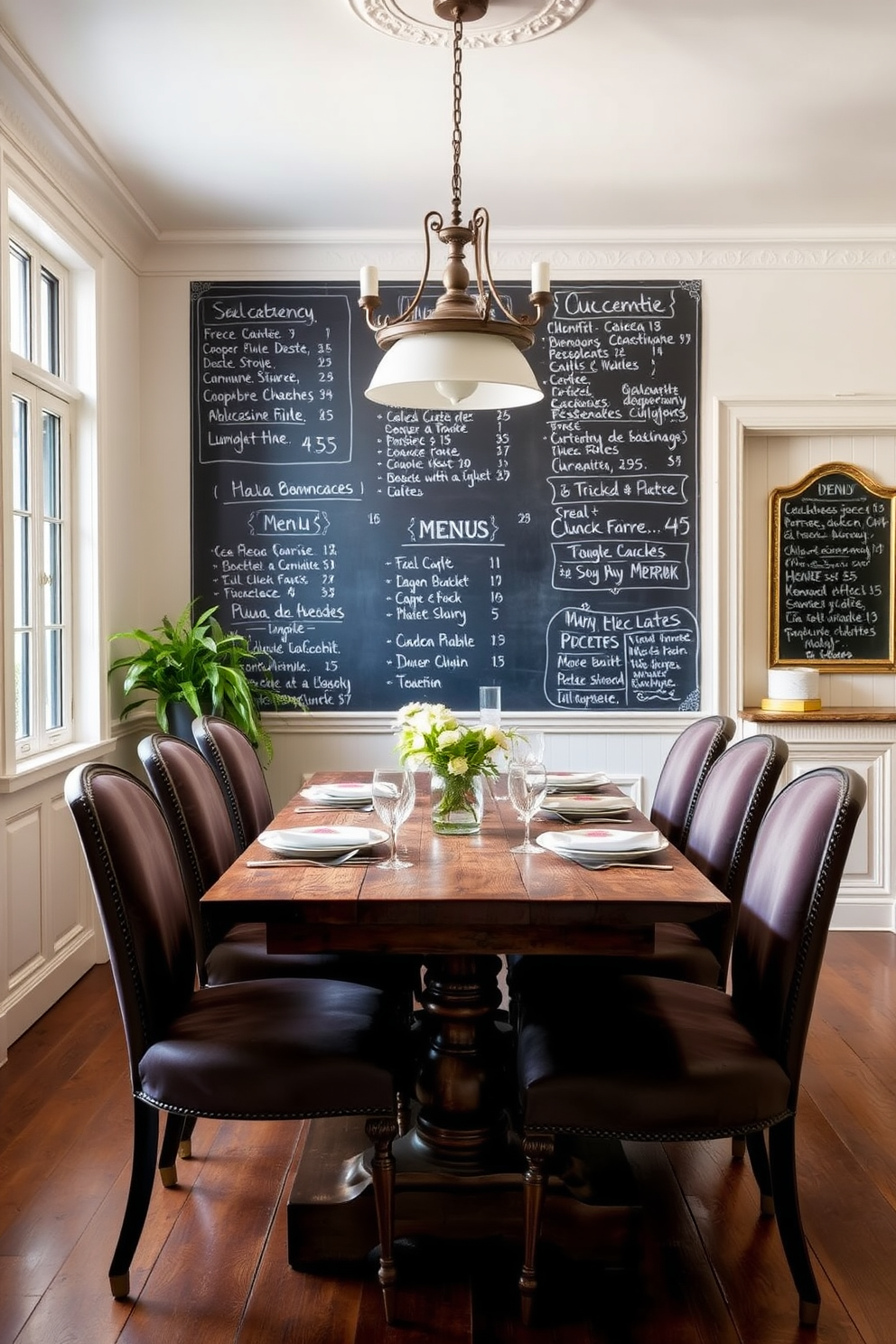 A charming French dining room featuring a chalkboard wall for menu displays. The space is adorned with a rustic wooden dining table surrounded by elegant upholstered chairs.