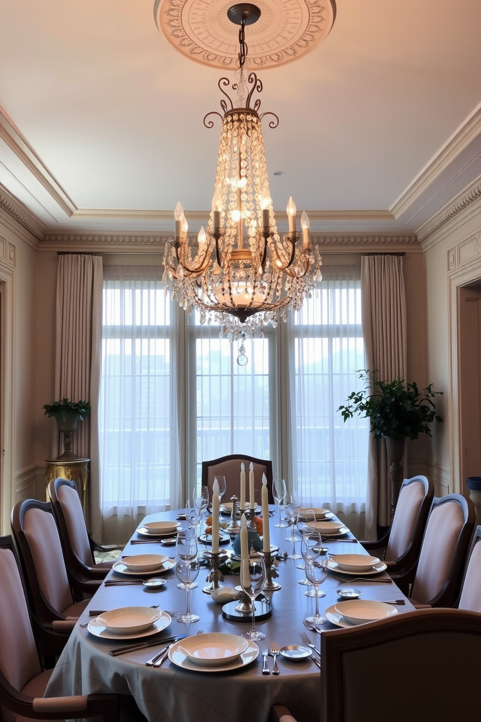 An elegant chandelier with crystal accents hangs gracefully from the ceiling, casting a warm glow over the room. The dining table is set with fine china and polished silverware, surrounded by upholstered chairs in rich fabrics. The walls are adorned with intricate moldings and soft, muted tones that complement the overall design. Large windows draped with sheer curtains allow natural light to filter in, enhancing the inviting atmosphere.