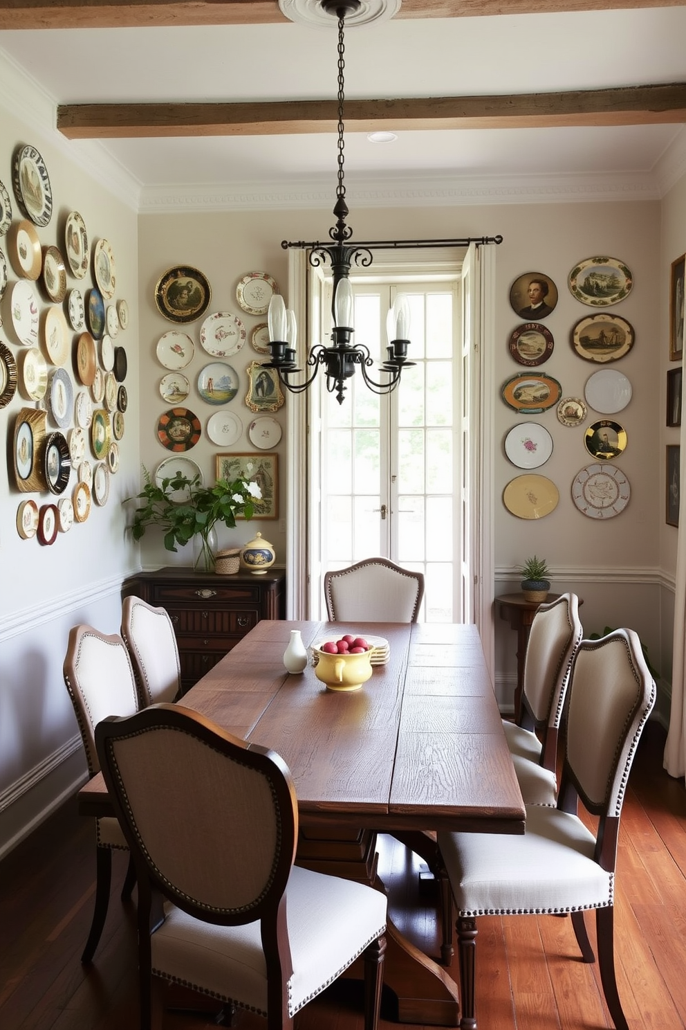 A charming French dining room featuring a blend of modern and vintage decor. The centerpiece is a rustic wooden table surrounded by elegant upholstered chairs with intricate detailing. Soft, ambient lighting is provided by a vintage chandelier hanging above the table. The walls are adorned with classic French artwork, and a large mirror reflects the room's warm tones.