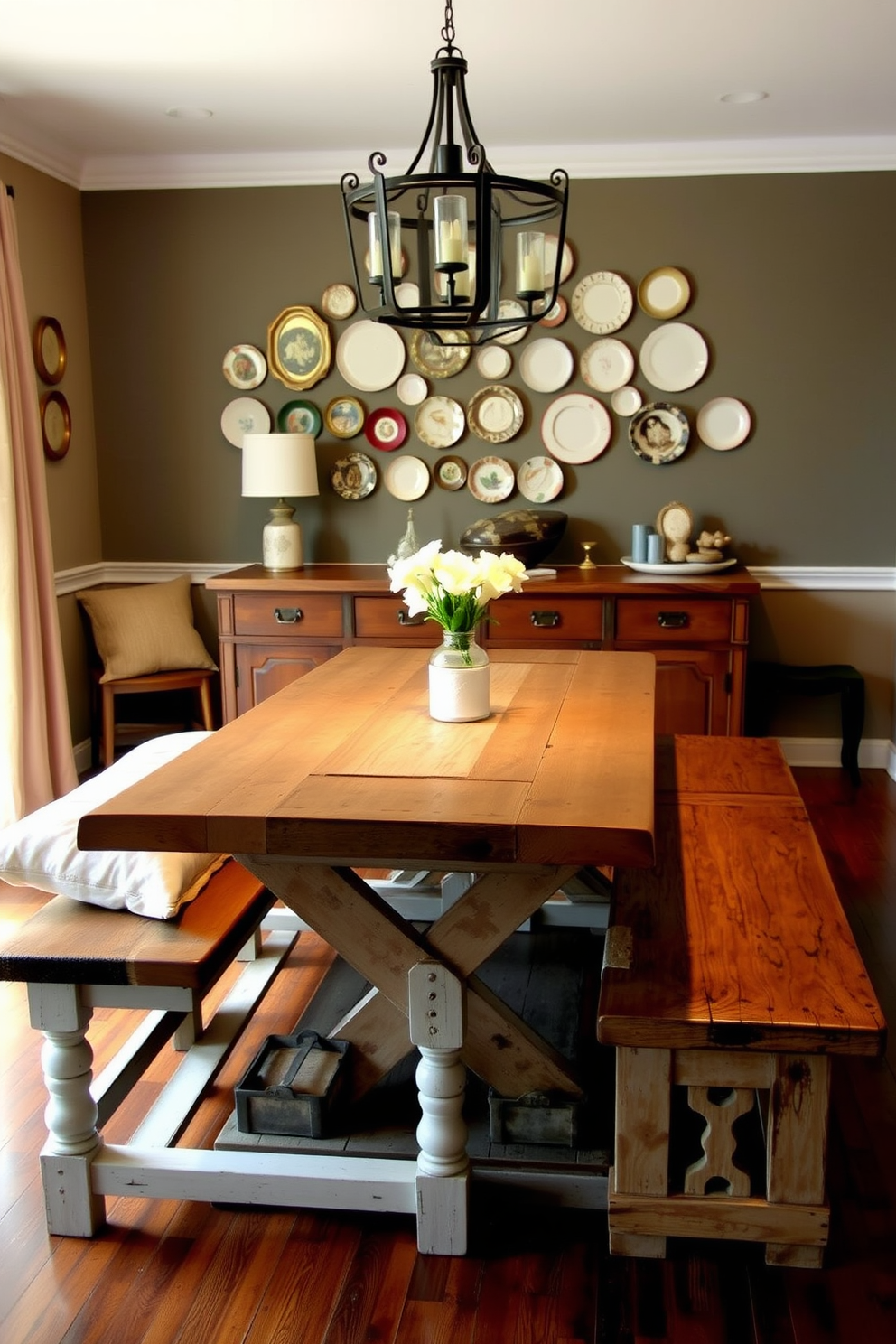 A charming farmhouse style dining room features a long wooden bench with a distressed finish, paired with a rustic farmhouse table. The space is adorned with neutral-toned cushions, and a collection of vintage plates hangs on the wall, enhancing the cozy atmosphere.