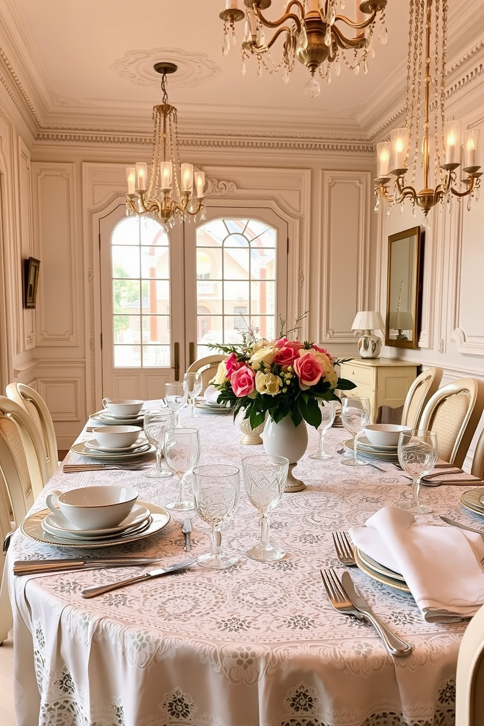 A charming French dining room featuring a rustic wooden table surrounded by elegant upholstered chairs. The walls are adorned with soft pastel colors and delicate floral wallpaper, creating a warm and inviting atmosphere. On the table, a collection of vibrant succulents in various shapes and sizes adds a touch of greenery and low-maintenance decor. A vintage chandelier hangs above, casting a soft glow over the space, while a sideboard displays fine china and decorative accents.