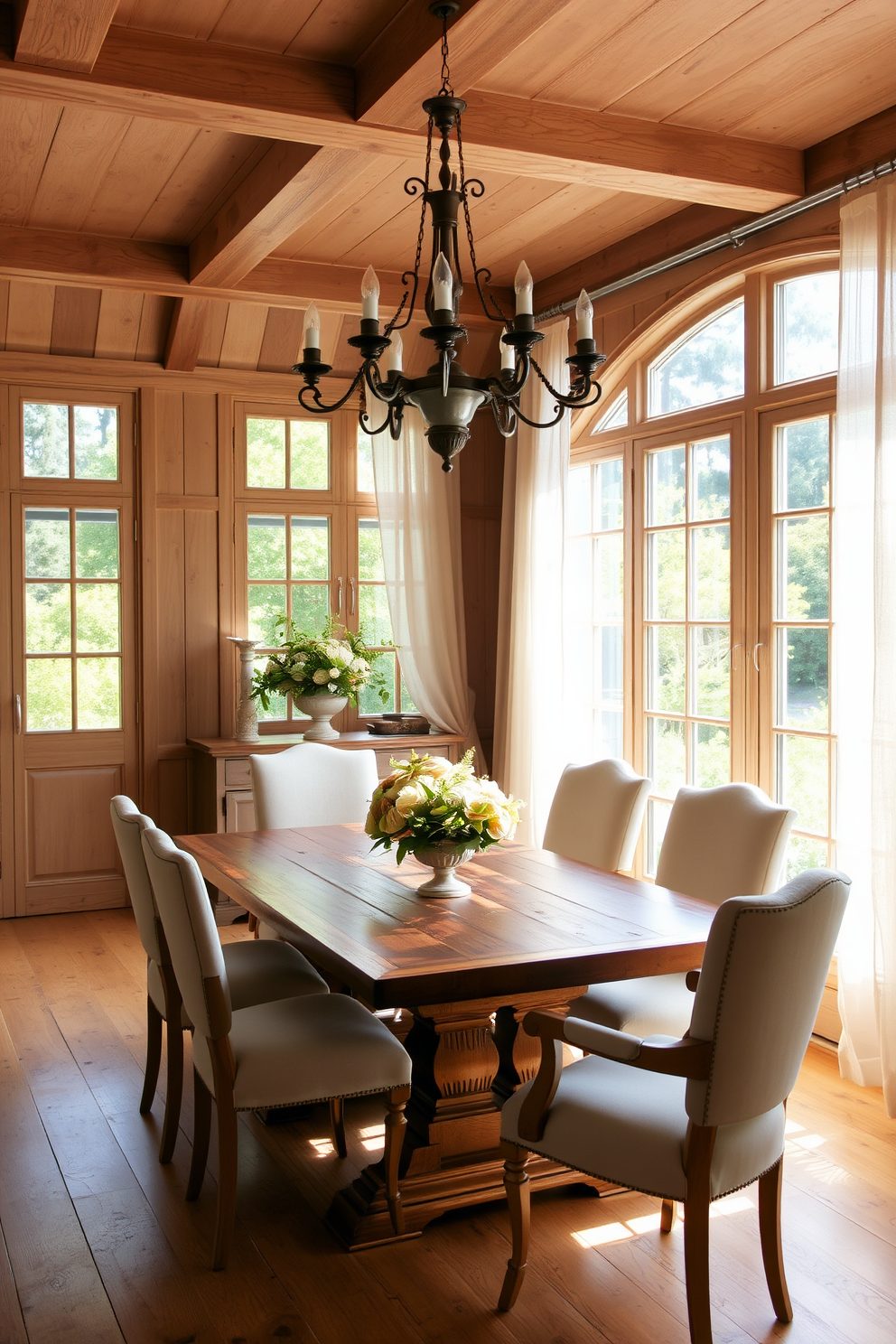 A charming French dining room featuring natural wood tones that create a warm and inviting atmosphere. The space includes a rustic wooden dining table surrounded by elegantly upholstered chairs in soft fabrics. Large windows draped with sheer linen curtains allow natural light to flood the room, enhancing the warmth of the wood. A vintage chandelier hangs above the table, adding a touch of sophistication to the cozy setting.