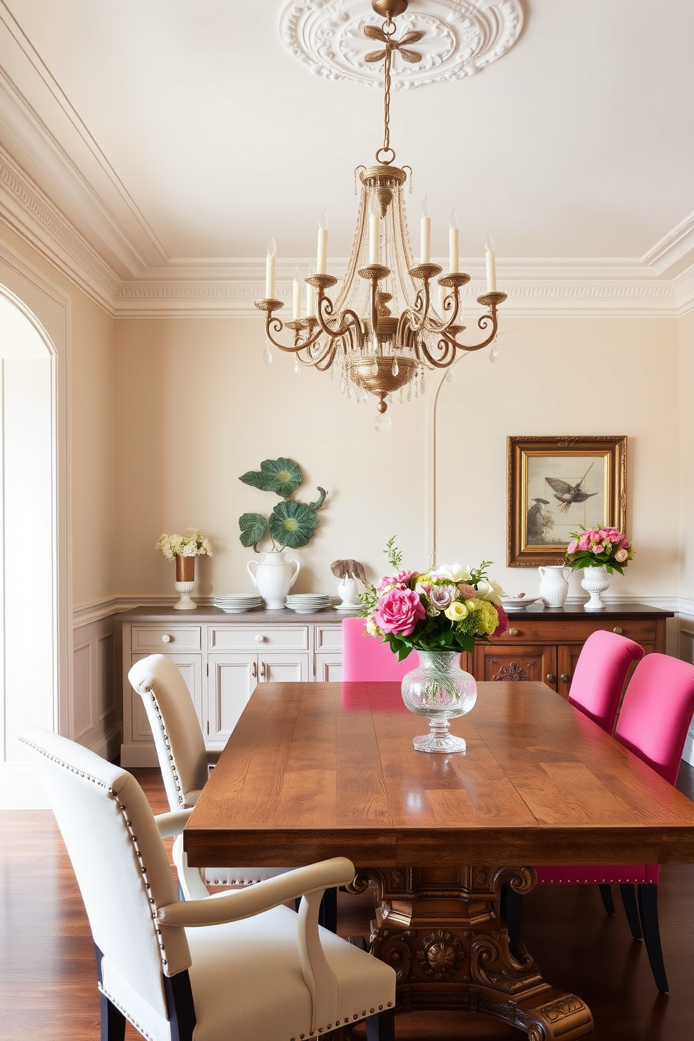 A French dining room featuring neutral tones with pops of color throughout the space. The walls are painted in a soft beige, complemented by elegant crown molding and a large chandelier that hangs above a rustic wooden dining table. Around the table, upholstered chairs in a vibrant hue add a playful contrast to the neutral palette. A sideboard against the wall showcases decorative dishware and a bouquet of fresh flowers, enhancing the inviting atmosphere of the room.