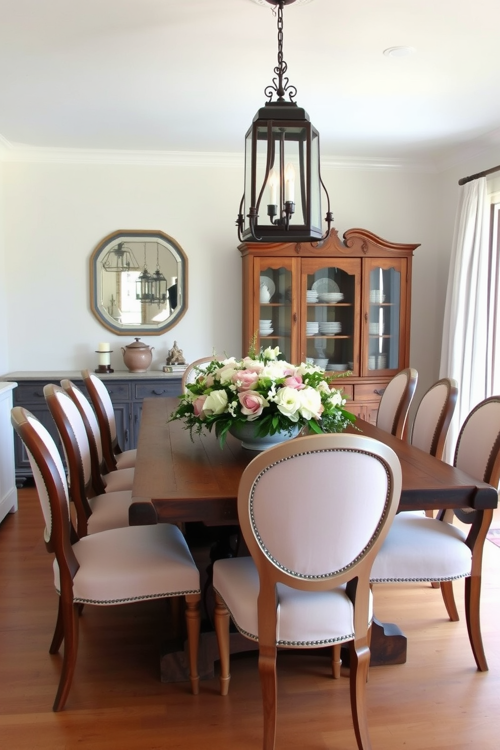 A charming French dining room features a rustic wooden table adorned with vintage-style lanterns that cast a warm glow. Surrounding the table are elegant upholstered chairs in soft hues, complemented by a beautiful floral centerpiece that enhances the inviting atmosphere.