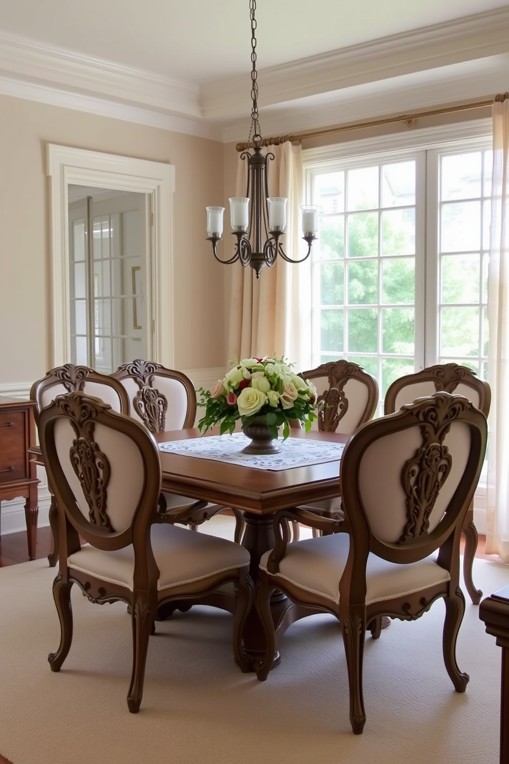 A charming dining room featuring French provincial style dining chairs with intricate carvings and soft upholstery. The chairs are arranged around a rustic wooden table adorned with a lace tablecloth and a centerpiece of fresh flowers. The walls are painted in a soft cream color, complemented by elegant crown molding. Natural light floods the room through large windows draped with sheer curtains, enhancing the inviting atmosphere.