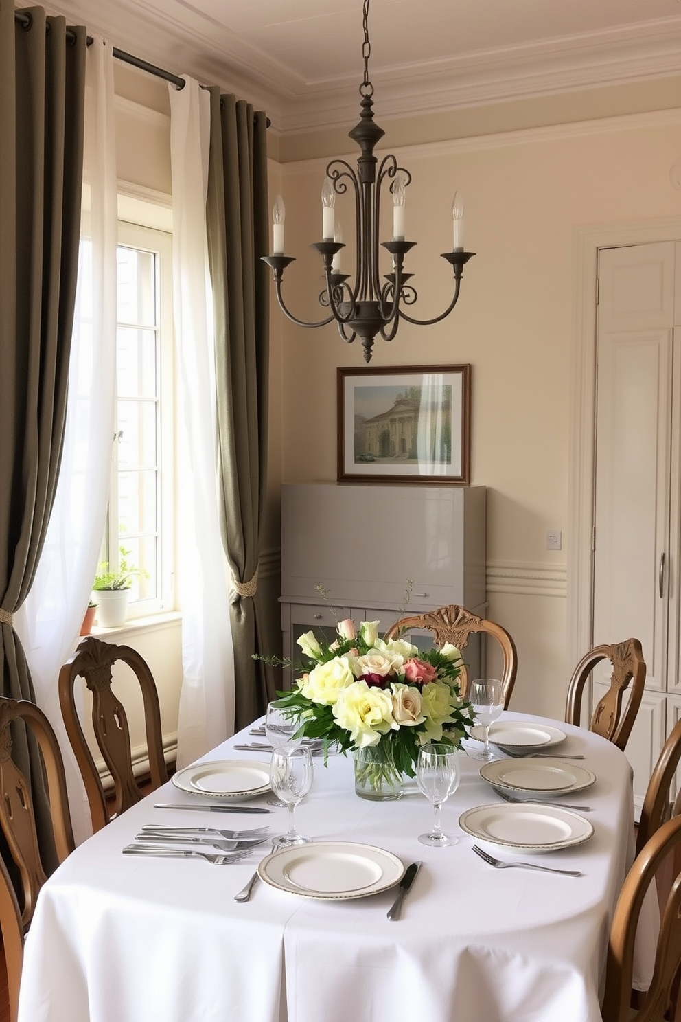 A French dining room adorned with seasonal decor changes that evoke a sense of freshness. The table is elegantly set with a crisp white tablecloth, featuring a centerpiece of seasonal flowers in soft pastel hues. Delicate porcelain dinnerware is paired with vintage silver flatware, enhancing the room's charm. The walls are painted in a light cream color, complemented by soft drapes that flutter gently in the breeze.