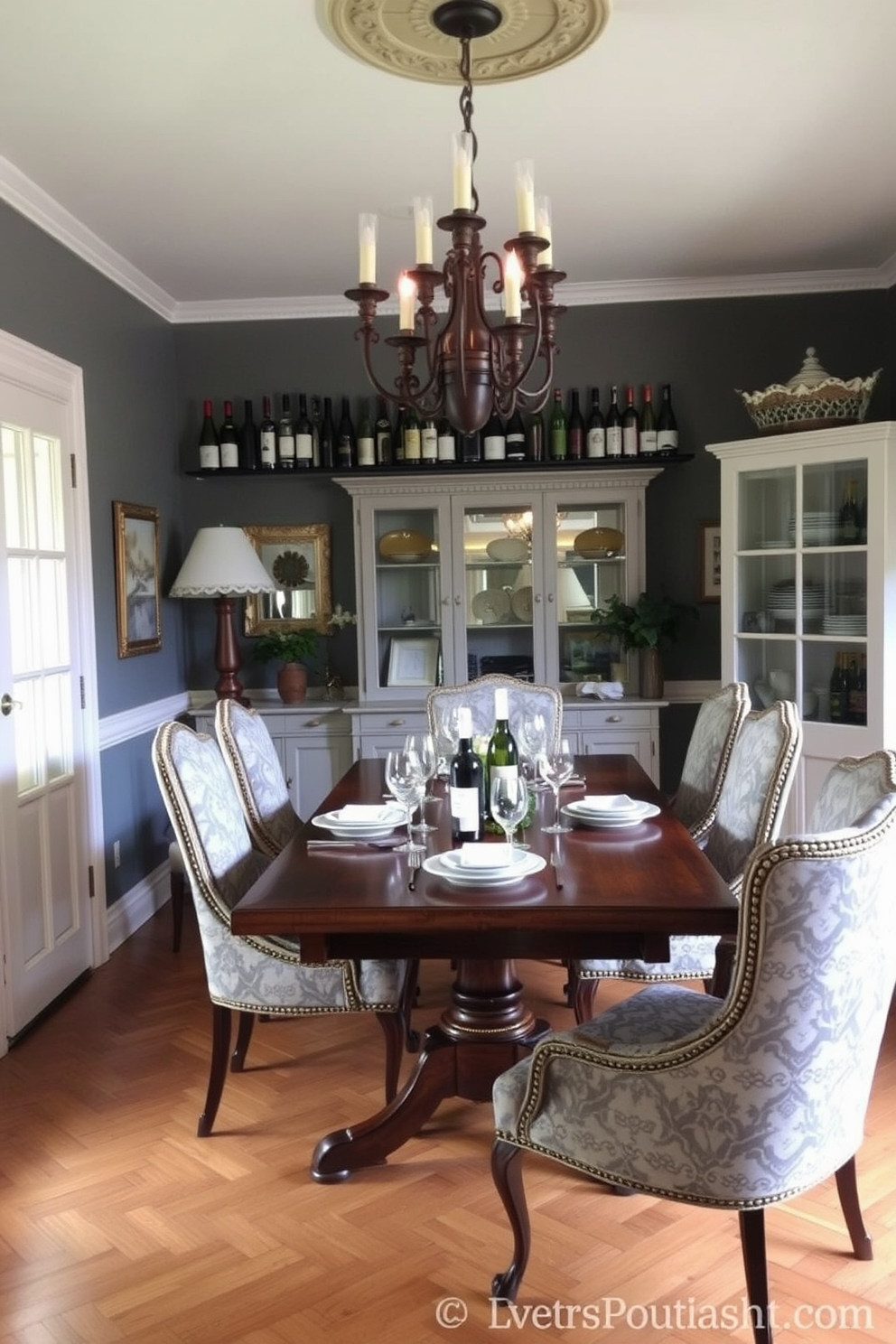 A charming French dining room adorned with vintage wine bottles as decor accents. The wooden dining table is elegantly set with fine china, surrounded by upholstered chairs featuring intricate patterns.