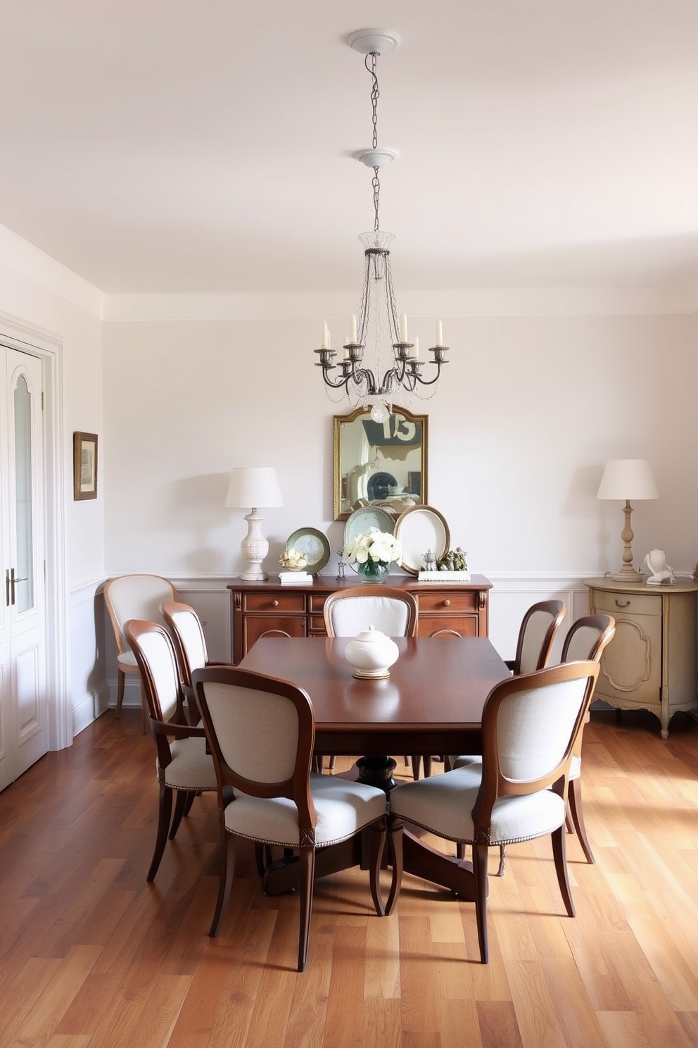 A charming French dining room with soft pastel color palette walls creates a serene atmosphere. The room features an elegant wooden dining table surrounded by upholstered chairs in light hues. Delicate chandeliers hang from the ceiling, casting a warm glow across the space. A vintage sideboard adorned with decorative tableware complements the overall aesthetic, enhancing the inviting ambiance.