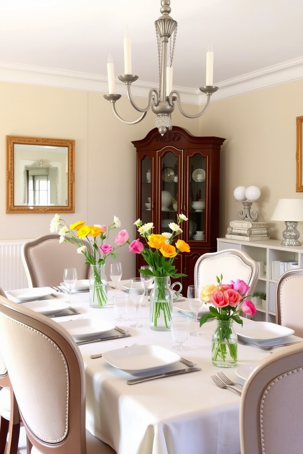 A classic French dining room features a soft color palette of creamy whites and muted pastels. The dining table is made of rustic wood, surrounded by upholstered chairs in floral patterns, creating a warm and inviting atmosphere. The walls are adorned with vintage wallpaper showcasing delicate motifs, while elegant chandeliers hang from the ceiling. A large buffet table displays fine china and fresh flowers, enhancing the charm of the space.