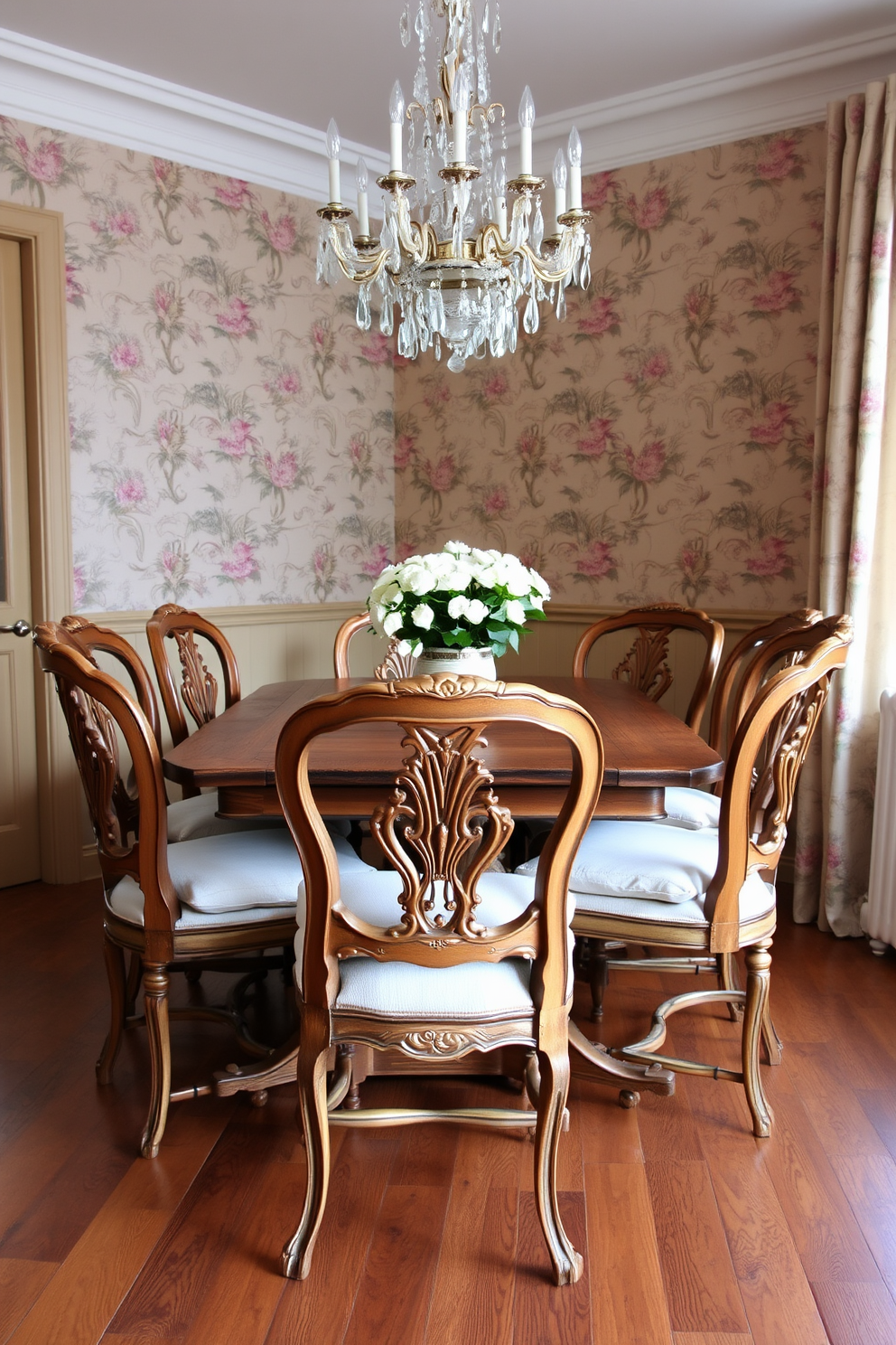 A charming French dining room featuring an antique sideboard made of rich mahogany with intricate carvings. The sideboard is adorned with vintage tableware and a decorative mirror above it reflecting the soft ambient light.