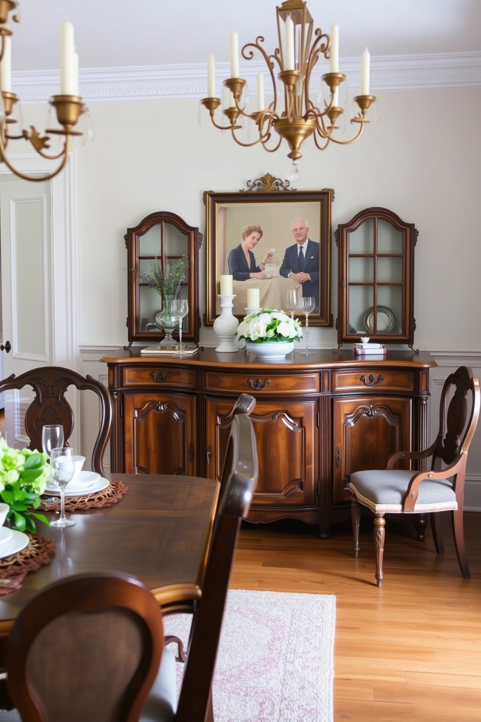 A charming French dining room featuring an antique sideboard that adds both storage and elegance to the space. The sideboard is adorned with intricate carvings and a polished finish, complementing the rustic wooden dining table set with elegant tableware.