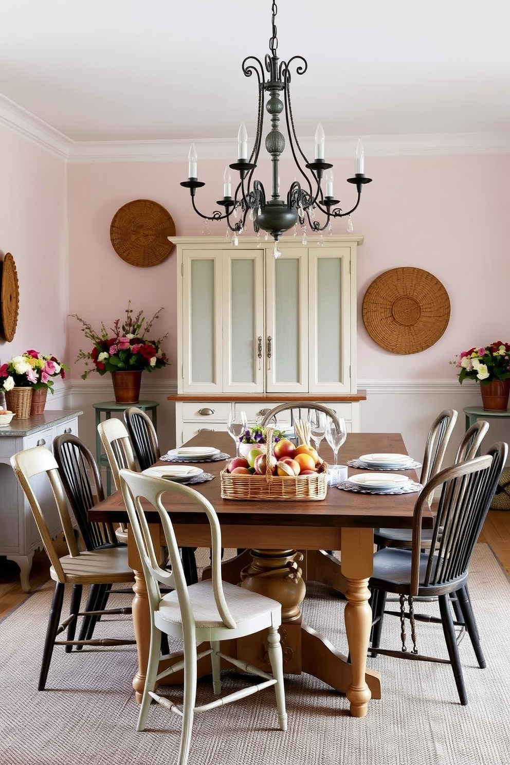 A charming French dining room featuring a rustic wooden table surrounded by mismatched chairs. The walls are adorned with soft pastel colors, and woven baskets filled with fresh flowers are placed in each corner for a cozy touch. The table is set with vintage china and crystal glassware, while a large chandelier hangs overhead, casting a warm glow. A woven basket sits on the table, displaying seasonal fruits, enhancing the inviting atmosphere of the space.