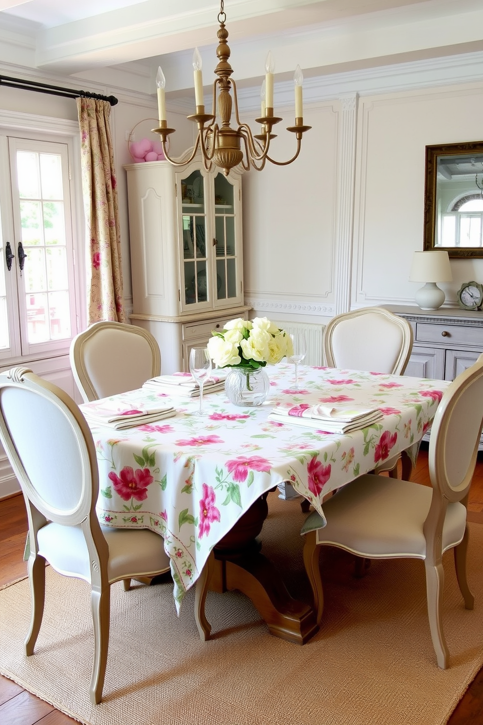 A charming French dining room features a floral tablecloth that drapes elegantly over a rustic wooden table. Surrounding the table are upholstered chairs in soft pastel colors, complementing the vibrant patterns of the tablecloth and matching napkins.