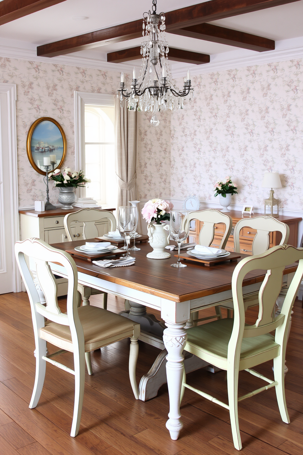 A charming French dining room featuring distressed paint finishes on the furniture. The wooden dining table is elegantly set with vintage tableware and surrounded by mismatched chairs that showcase soft pastel hues. The walls are adorned with delicate floral wallpaper, adding a touch of romance to the space. A crystal chandelier hangs from the ceiling, casting a warm glow over the inviting atmosphere.