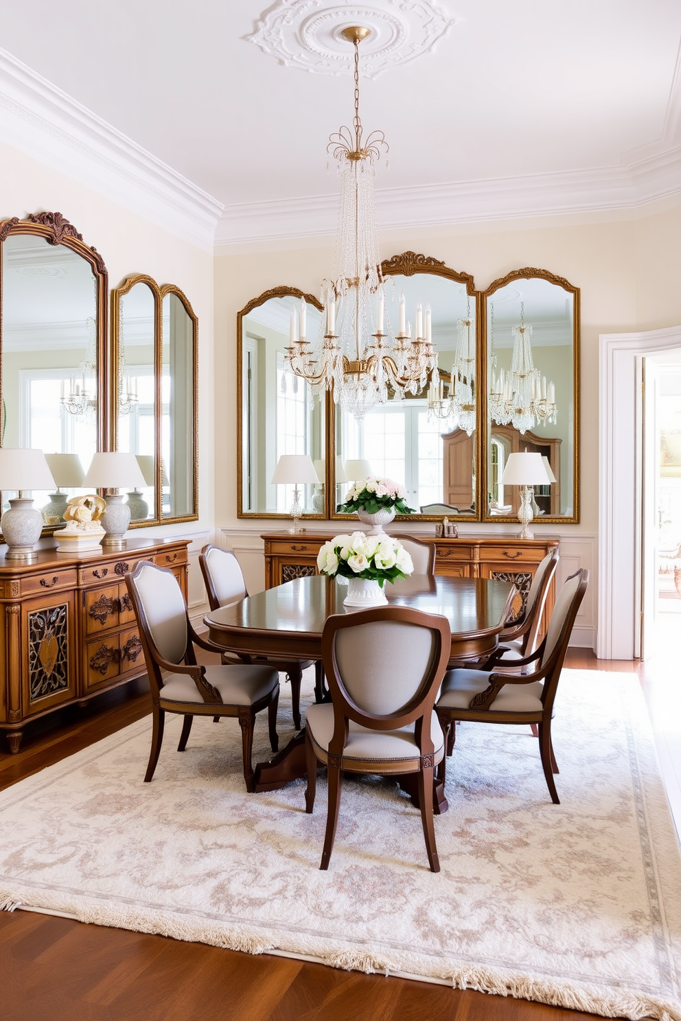 A stunning French dining room featuring large mirrors that reflect natural light and create an airy atmosphere. The room is adorned with an elegant wooden dining table surrounded by upholstered chairs, complemented by a beautiful chandelier hanging from the ceiling. The walls are painted in a soft pastel hue, enhancing the room's charm. A sideboard with intricate detailing showcases fine china and decorative accents, while a plush area rug anchors the space beneath the table.