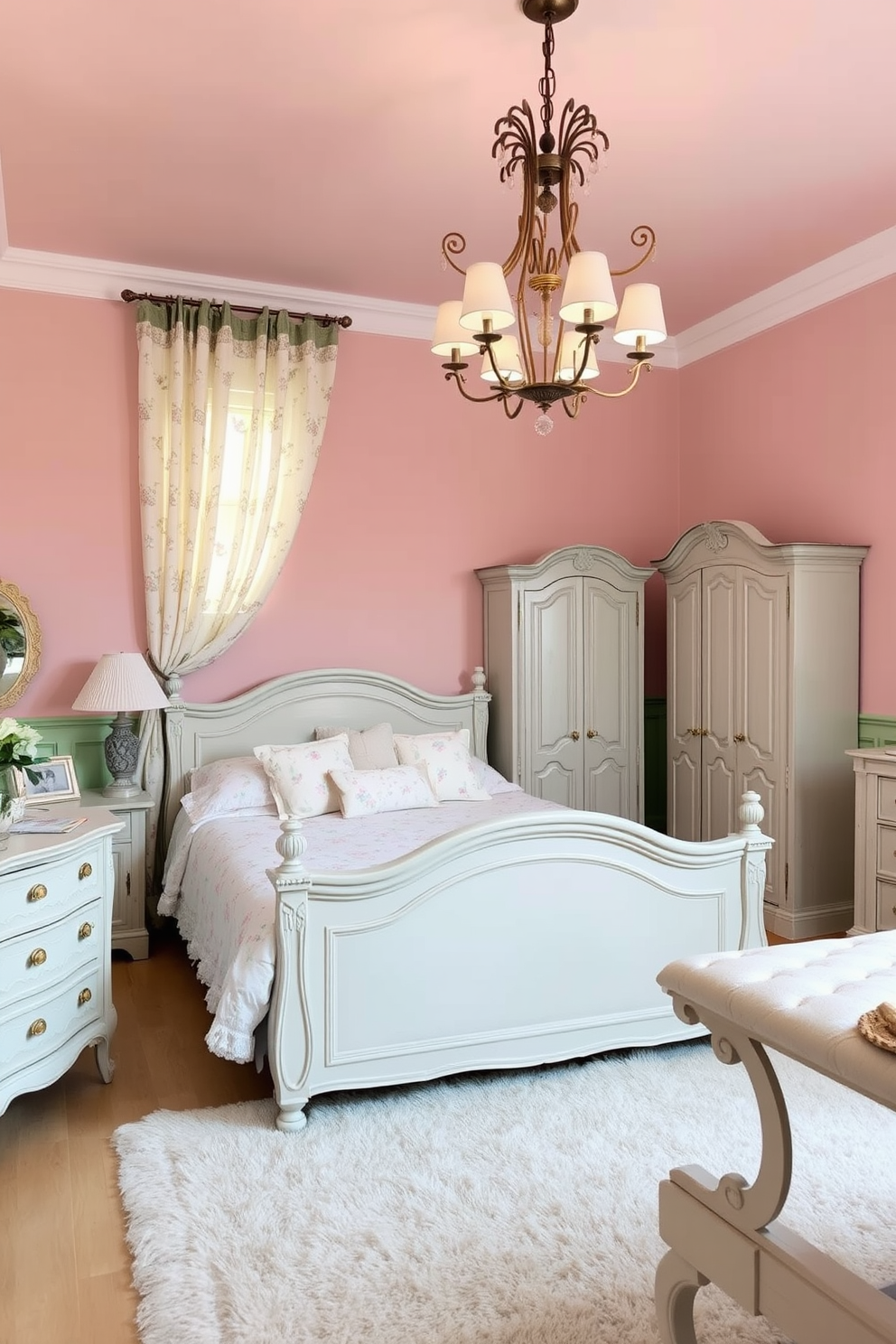 A cozy French country bedroom featuring soft pastel color palettes on the walls. The room includes a vintage wooden bed adorned with floral bedding and delicate lace curtains framing the windows. A charming bedside table holds a classic lamp with a soft glow. Rustic wooden beams line the ceiling, adding warmth and character to the serene space.