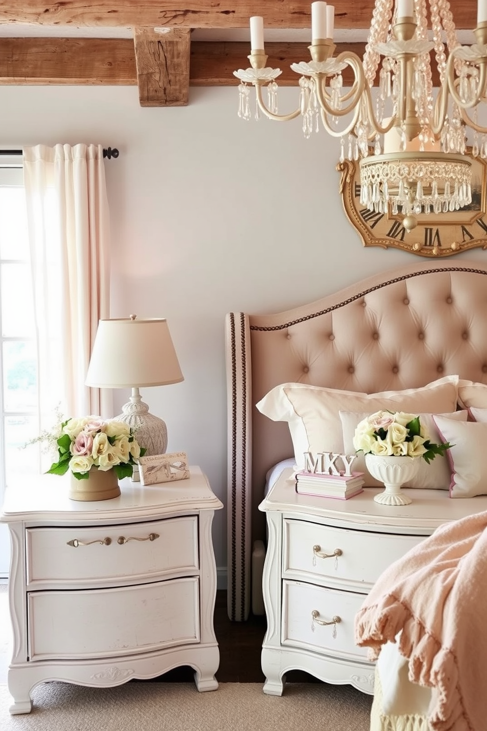 Shabby chic nightstands adorned with vintage decor accents create a cozy and inviting atmosphere. The nightstands feature distressed white finishes and are topped with delicate floral arrangements in pastel hues. In a French country bedroom, soft linens in muted colors are complemented by rustic wooden beams and elegant chandeliers. A plush, tufted headboard adds a touch of sophistication, while antique accessories enhance the charming, timeless appeal.