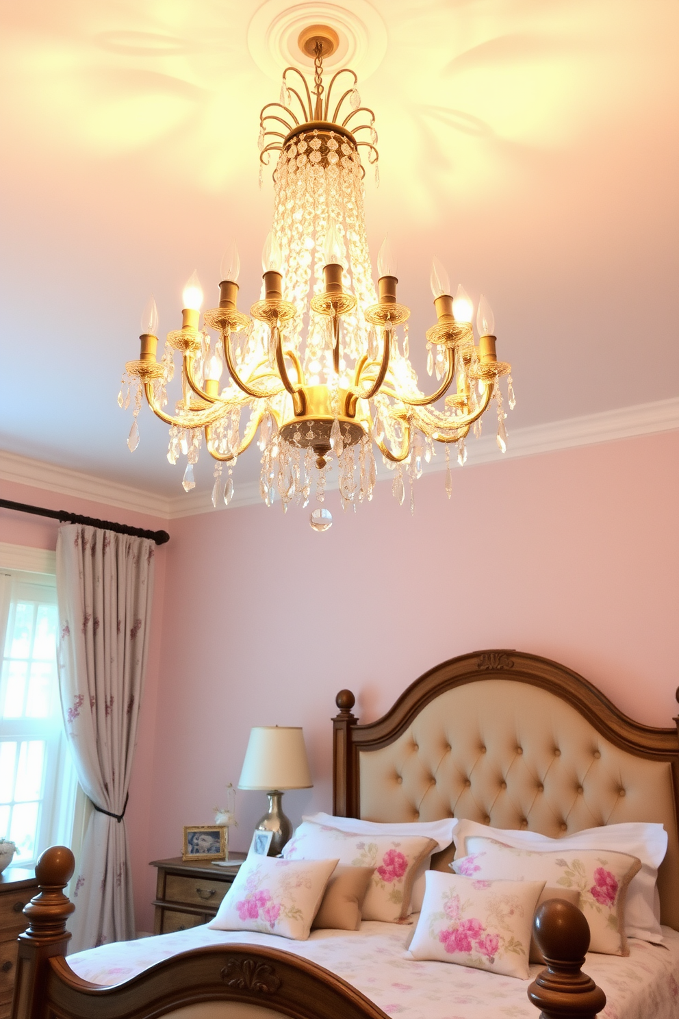 A stunning chandelier hangs from the ceiling, featuring intricate crystal details that reflect soft light throughout the room. The warm glow creates an inviting atmosphere, enhancing the overall elegance of the space. The French country bedroom is adorned with rustic wooden furniture, including a beautifully crafted bed with a tufted headboard. Soft pastel colors and floral patterns on the bedding and curtains complement the charming, cozy aesthetic of the room.