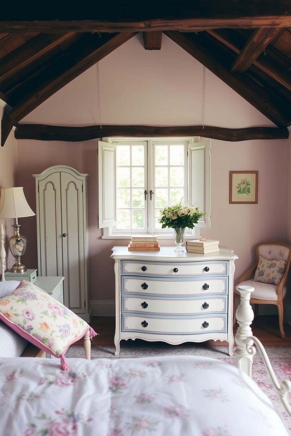 A charming French country bedroom featuring hand-painted furniture that adds unique character to the space. The room is adorned with soft pastel colors, floral patterns, and rustic wooden beams that enhance the cozy ambiance.