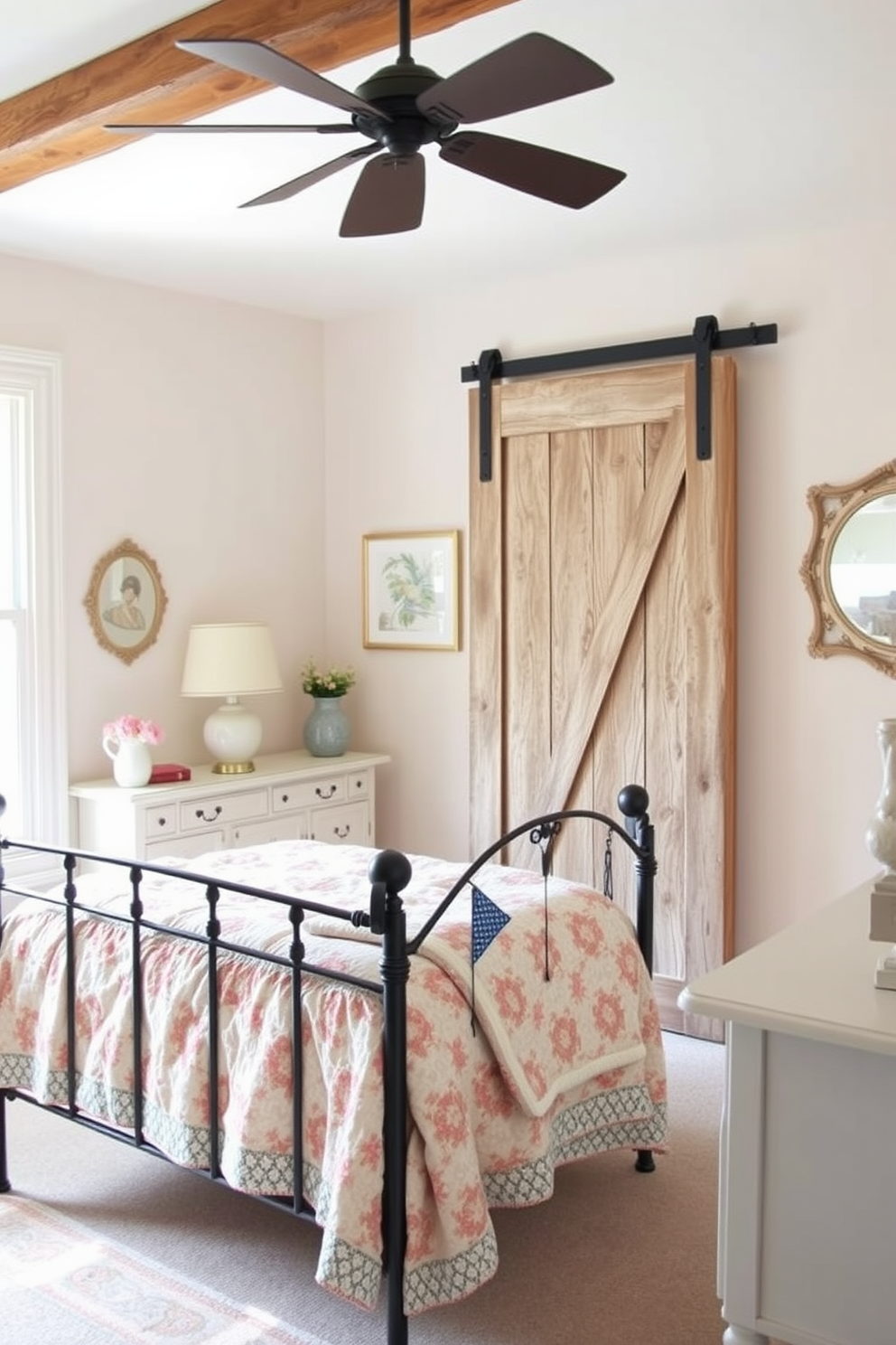 A charming French country bedroom featuring delicate lace accents on the bedding. The room is adorned with soft pastel colors, rustic wooden furniture, and floral patterns that evoke a warm and inviting atmosphere.