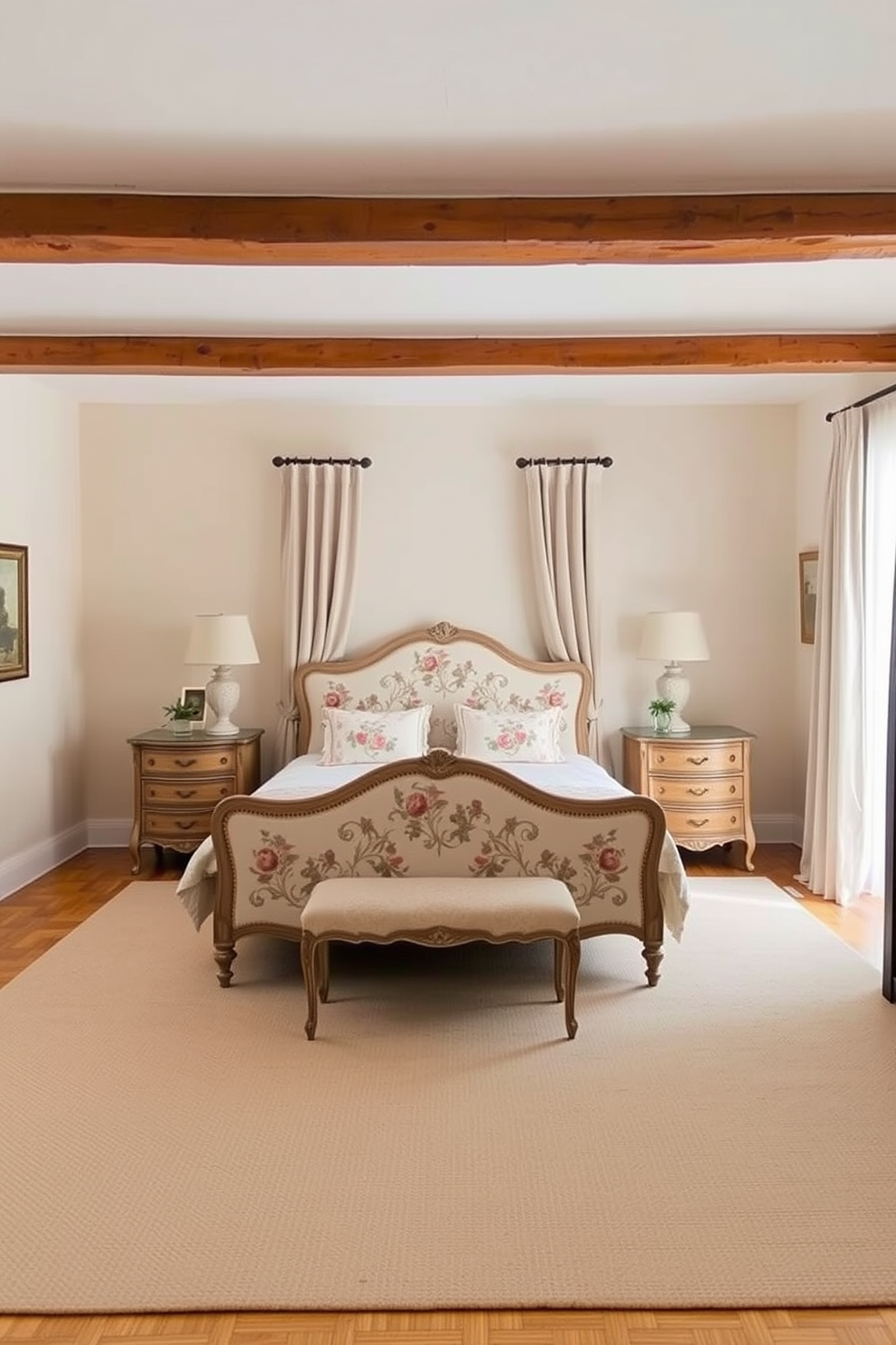 A cozy French country bedroom featuring soft neutral tones. The room includes a neutral area rug that gently softens the space, complementing the warm wooden beams on the ceiling. A beautifully upholstered bed with floral patterns takes center stage, flanked by vintage nightstands. Natural light filters through sheer curtains, creating a serene and inviting atmosphere.