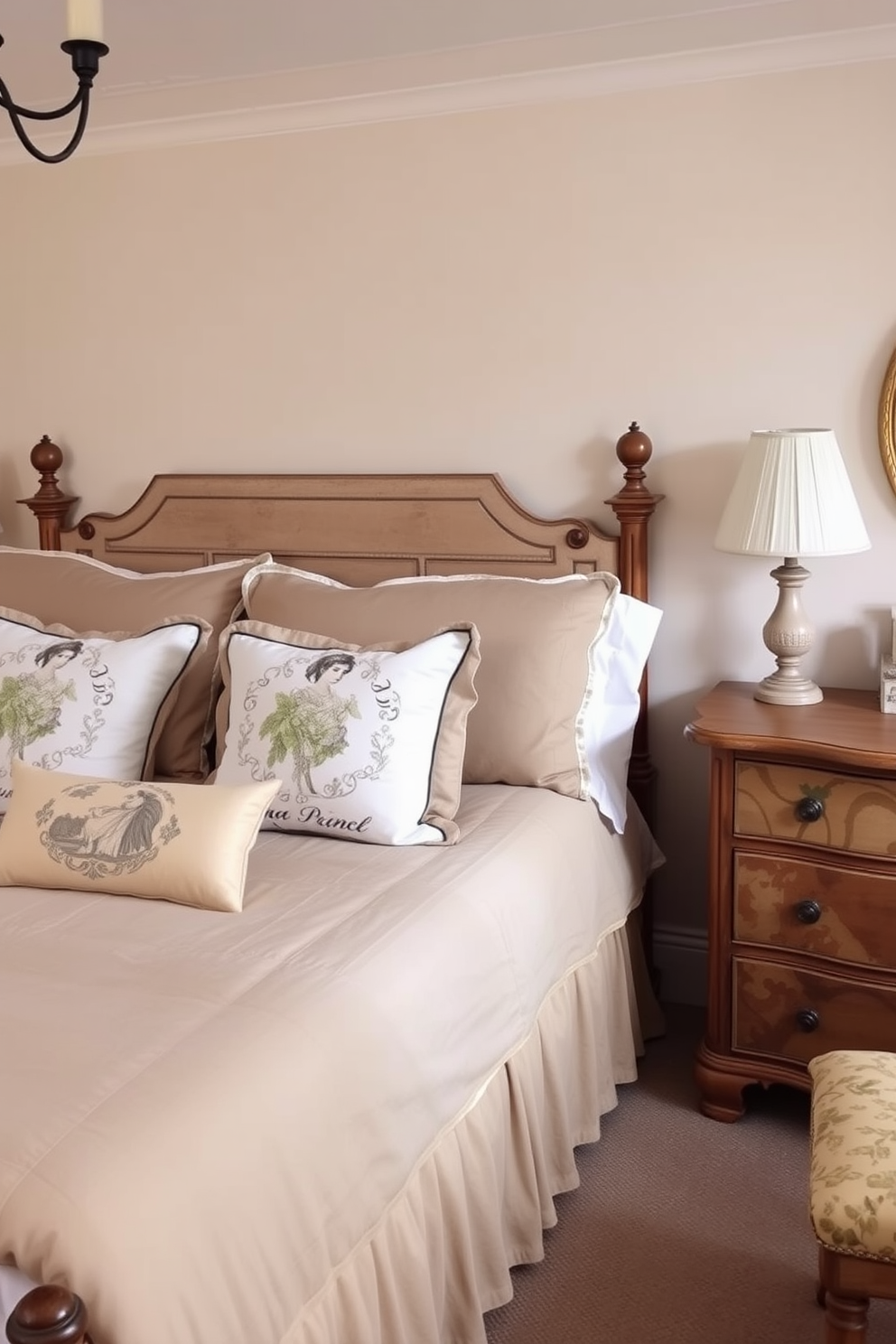 A cozy bedroom featuring a large bed adorned with decorative pillows showcasing elegant French motifs. The walls are painted in soft pastel colors, and a vintage wooden dresser complements the country charm of the space.