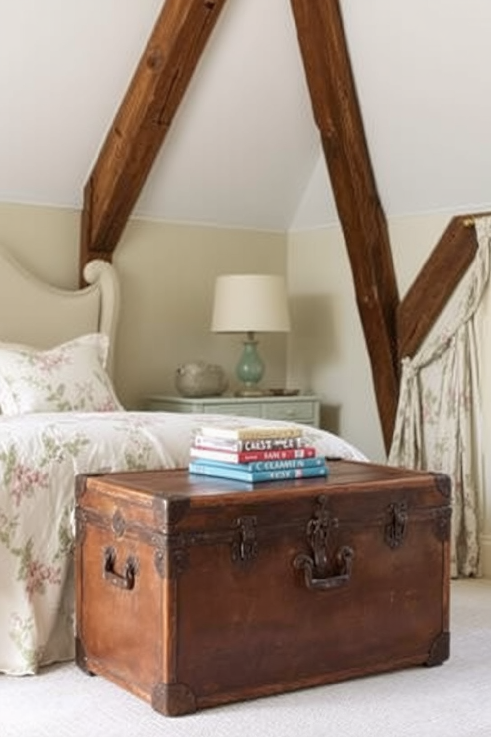 A whimsical French country bedroom features soft pastel wall decals of flowers and butterflies adorning the walls. The bed is dressed in a vintage floral quilt, with plush pillows in coordinating colors, creating a cozy and inviting atmosphere.