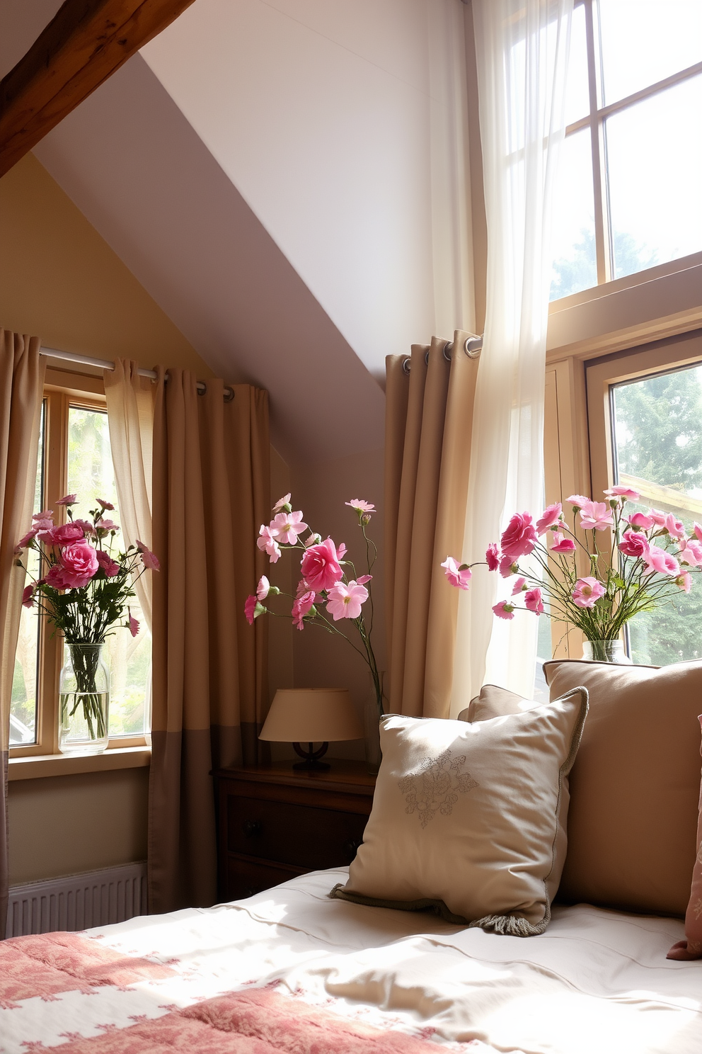 Fresh flowers in rustic vases on windowsills create a charming and inviting atmosphere. The soft morning light filters through the sheer curtains, highlighting the delicate petals and earthy textures. The bedroom features a cozy bed with a vintage quilt and an assortment of plush pillows. Wooden beams adorn the ceiling, and the walls are painted in a soft pastel hue, enhancing the country feel.