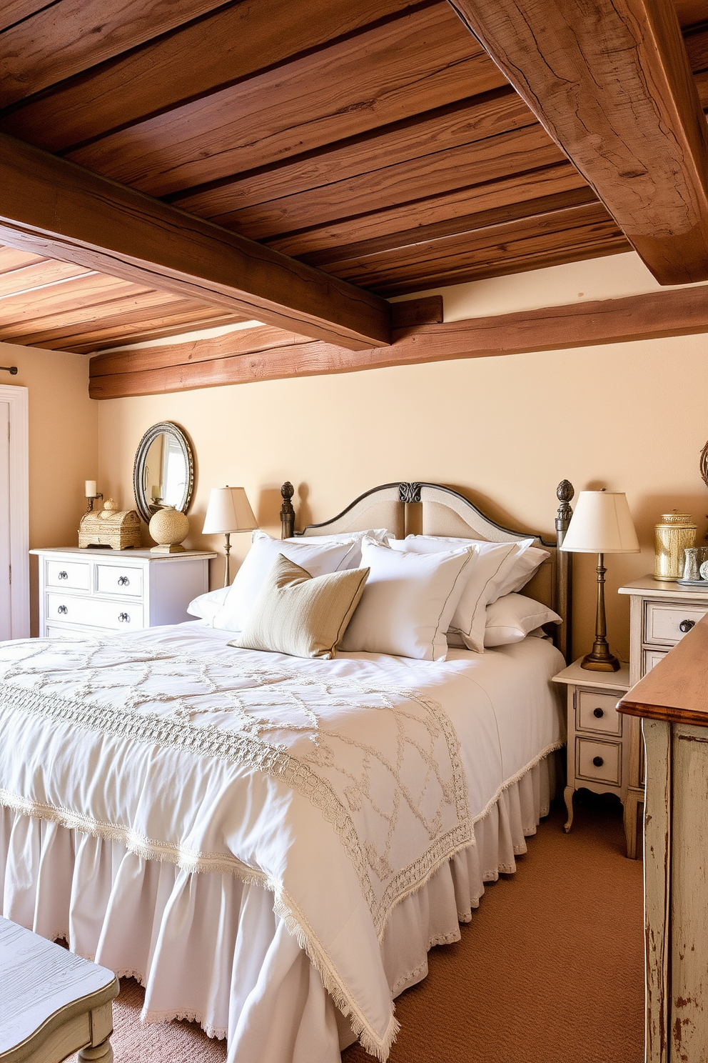 A charming French country bedroom featuring vintage trunks as stylish storage solutions. The room showcases soft pastel colors with floral patterns, complemented by rustic wooden beams and a cozy, inviting ambiance.