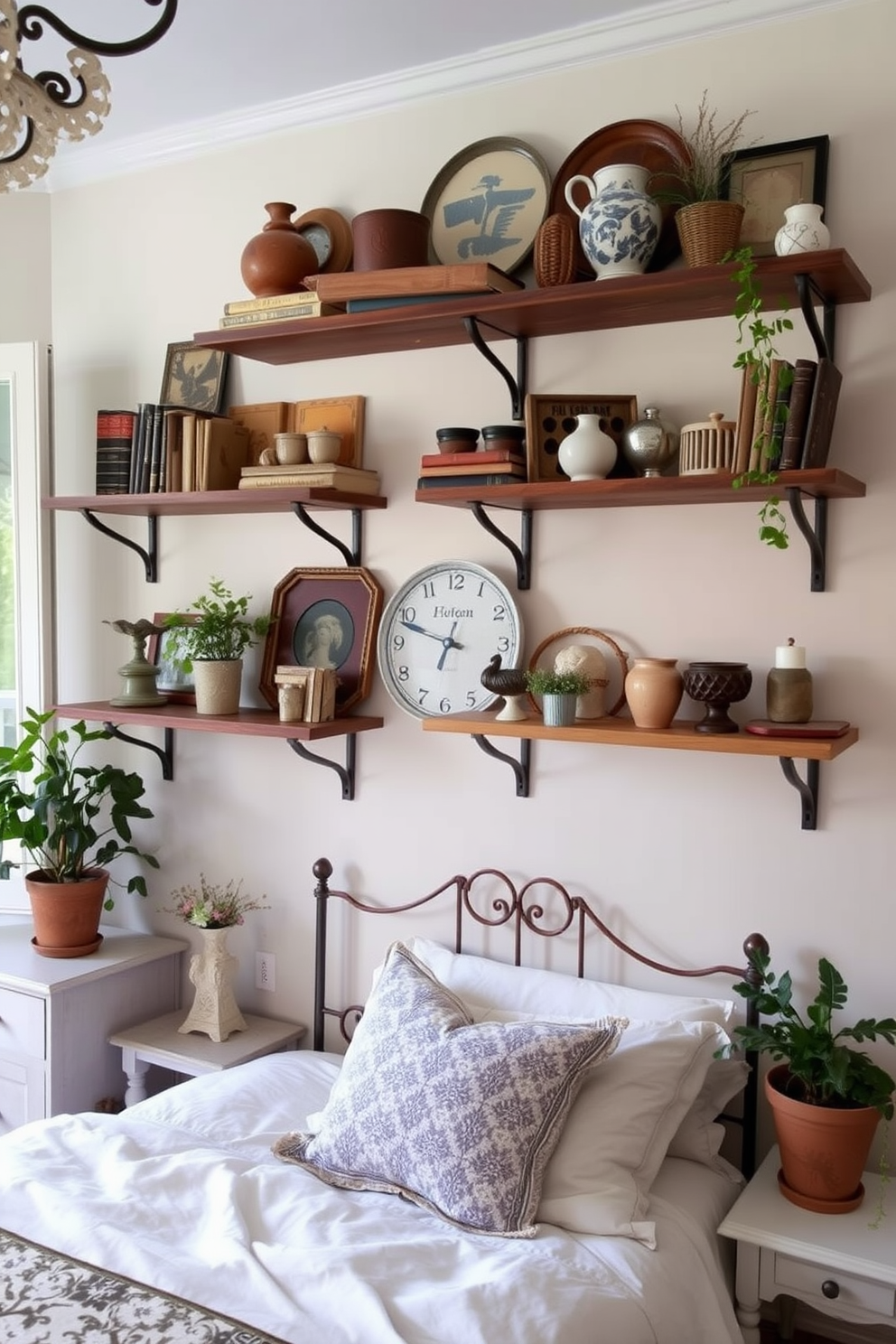 A charming French country bedroom featuring wall-mounted shelves adorned with decorative displays. The shelves are filled with vintage books, rustic ceramics, and potted plants, creating a warm and inviting atmosphere.