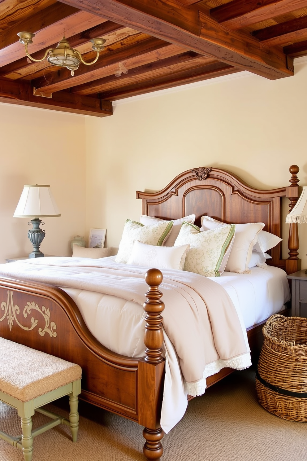 A vintage wooden bed frame is the centerpiece of a cozy French country bedroom. The bed is adorned with soft, pastel-colored linens and an array of decorative pillows, creating an inviting atmosphere. The walls are painted in a warm cream tone, complemented by rustic wooden beams that add character to the space. A charming bedside table holds a vintage lamp, while a woven basket sits in the corner, adding a touch of practicality and style.