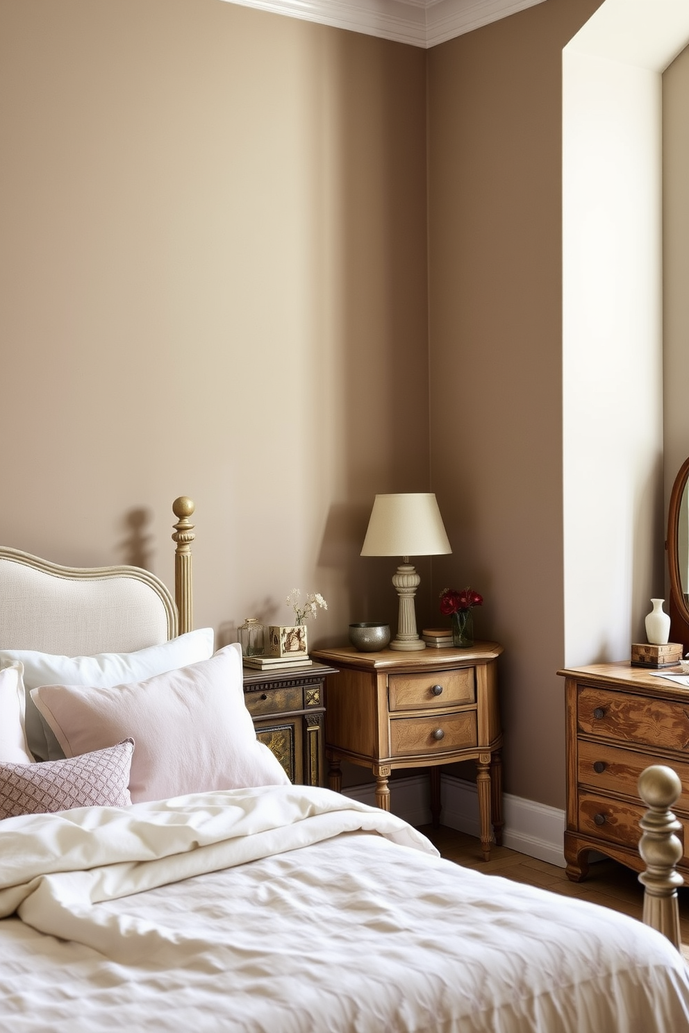 A charming French country bedroom featuring soft pastel colors and rustic wooden beams. The walls are adorned with delicate floral wallpaper, and a plush bed with a vintage quilt takes center stage. Candle sconces are mounted on either side of the bed, providing warm, inviting lighting. A distressed wooden dresser complements the overall aesthetic, while a cozy armchair in the corner invites relaxation.