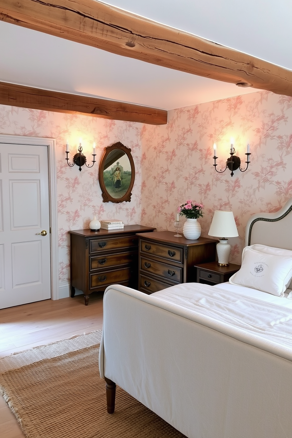 A cozy French country bedroom featuring soft pastel colors and rustic wooden beams. The walls are adorned with elegant floral wallpaper, and the floor is covered with a woven jute rug. Two charming wall sconces with intricate ironwork illuminate the space, casting a warm glow. A vintage dresser with ornate detailing sits against one wall, complemented by a plush upholstered bed dressed in delicate linens.