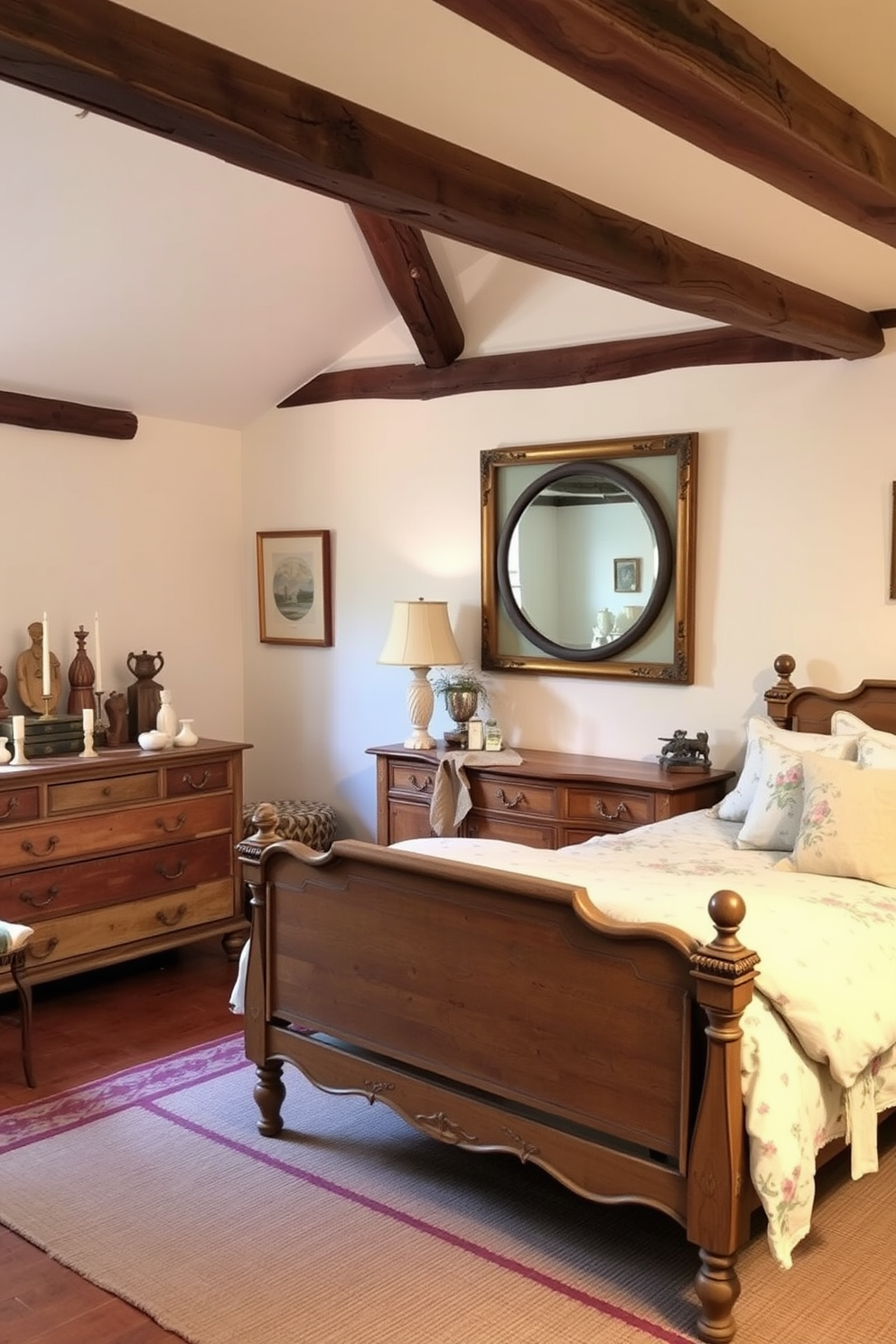 A cozy French country bedroom filled with repurposed furniture that adds eclectic charm. A vintage wooden bed frame with a distressed finish is adorned with soft, floral bedding and plump pillows. A reclaimed dresser sits against the wall, showcasing a collection of antique trinkets and a large round mirror above it. The walls are painted in a soft cream color, and rustic wooden beams run across the ceiling, enhancing the room's warmth and character.