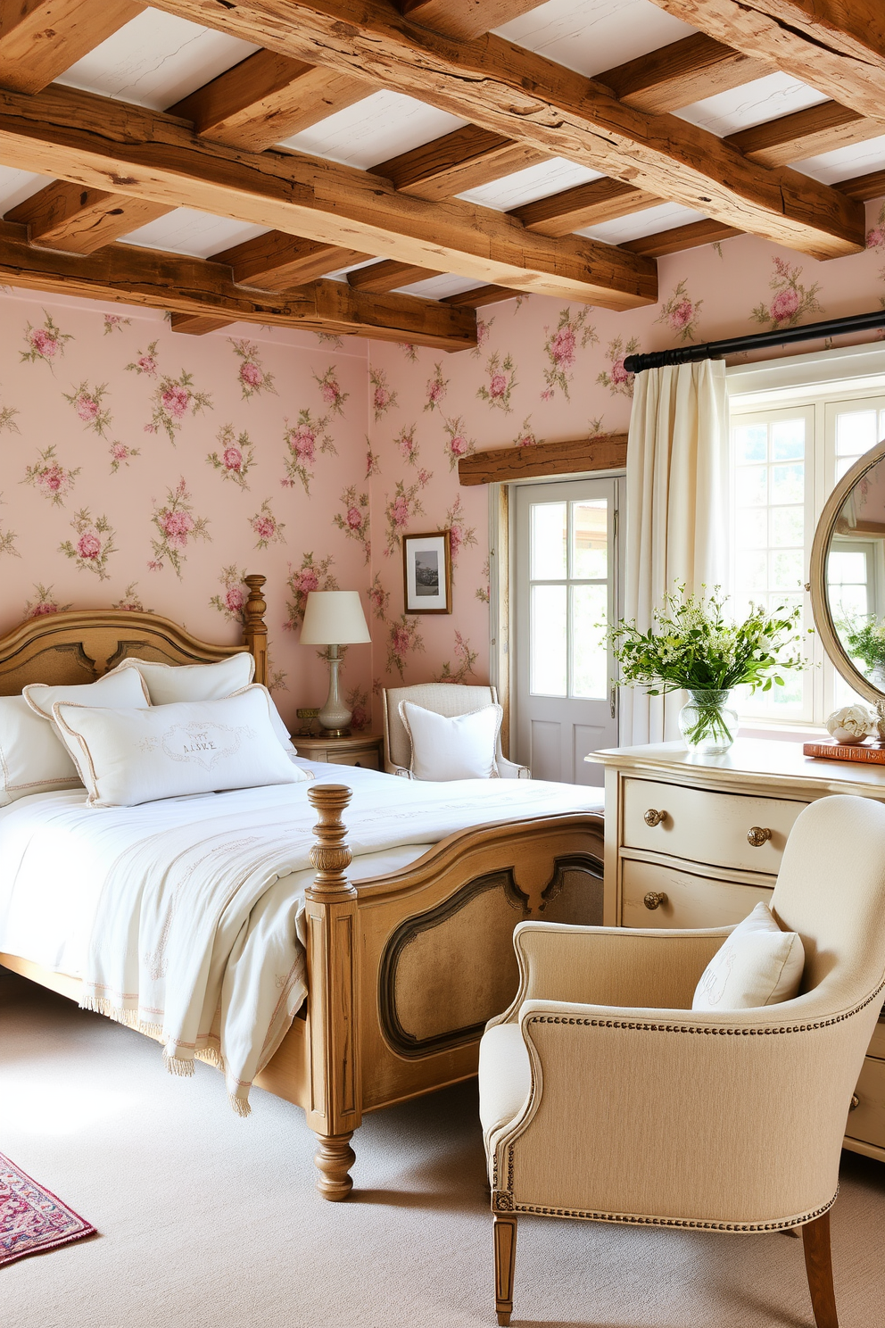 A charming French country bedroom featuring delicate embroidery on throw blankets draped over a vintage wooden bed. Soft pastel colors adorn the walls, complemented by floral wallpaper and rustic wooden beams overhead. The room includes a cozy armchair with embroidered cushions placed near a window, allowing natural light to filter in. A distressed dresser with antique knobs sits opposite the bed, adorned with a vase of fresh wildflowers.