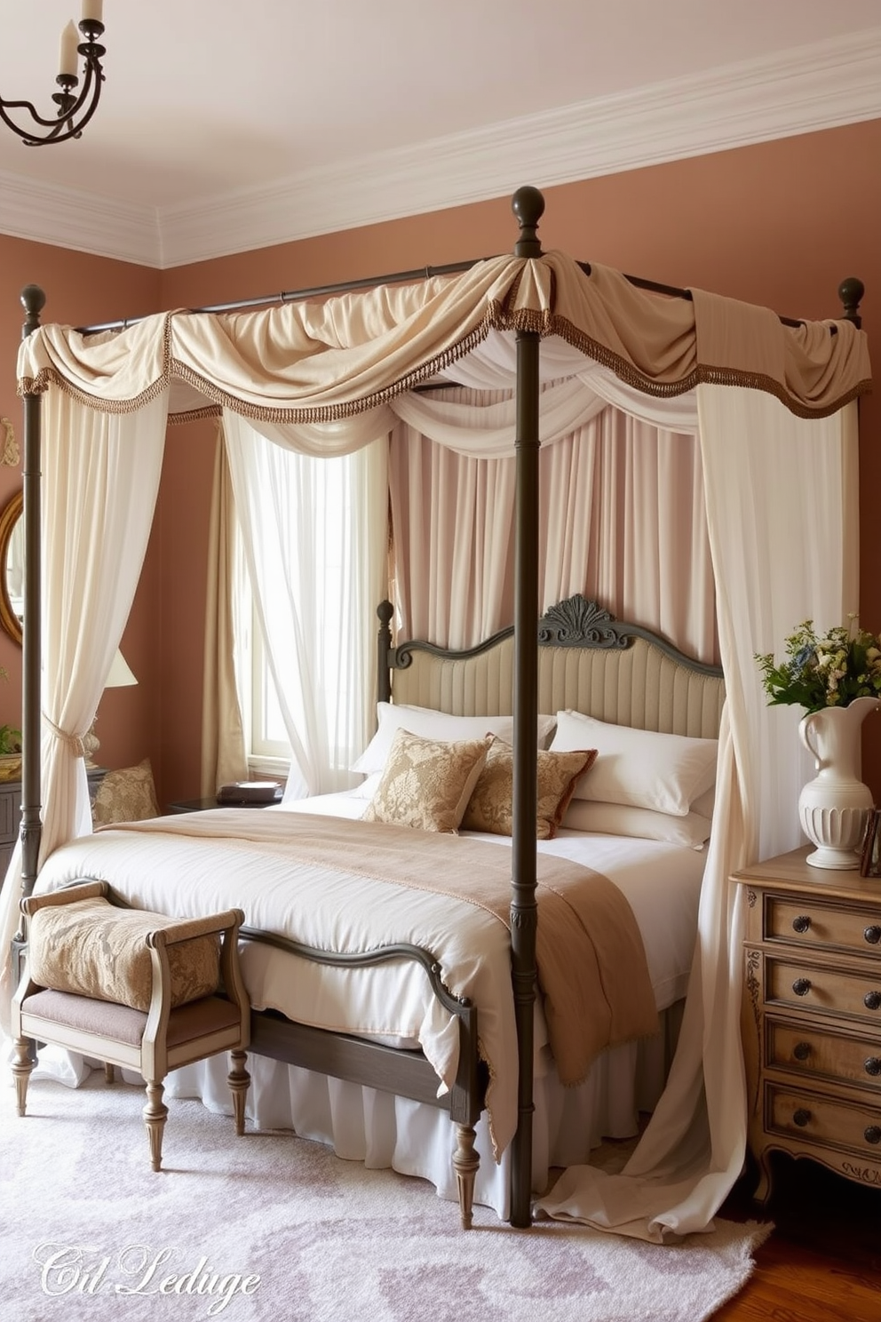 Fresh flowers in vintage vases adorn the wooden nightstands beside a cozy bed dressed in soft linens. The room features exposed wooden beams and floral wallpaper that evoke a charming French country aesthetic.